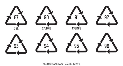 Recycling codes for plastic, paper and metals as well as other materials. Triangular sign. Line icons. Isolated vector illustration on a white background. Editable stroke.