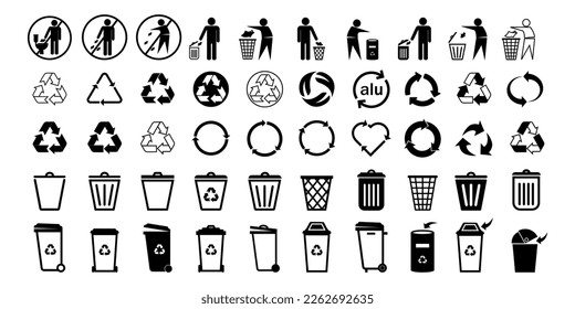 Recycling codes.Vector recycle symbol, logo ,icon.Big set of recycling code with symbols.Plastics,batteries,paper,metals,biomatter,glass,composites.Black vector icons.