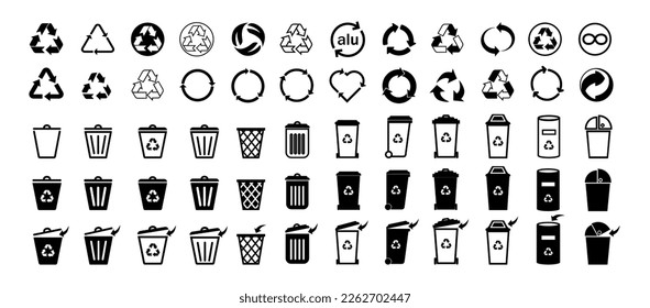 Códigos de reciclaje.Símbolo de reciclaje de vectores, logotipo, icono.Gran conjunto de código de reciclaje con símbolos.Plástico, baterías, papel, metales, biomatter, vidrio, compuestos.Iconos vectores negros.