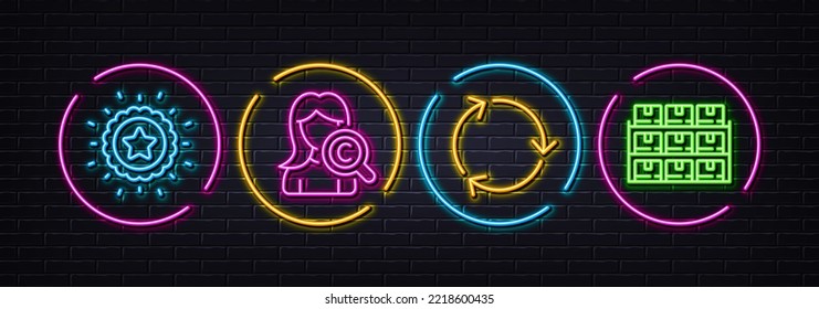 Recycling, Collagen skin and Winner star minimal line icons. Neon laser 3d lights. Boxes shelf icons. For web, application, printing. Reduce waste, Skin care, Best award. Wholesale inventory. Vector