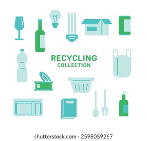 Recycling Collection Glass Bottles Cans and More Simple style illustration