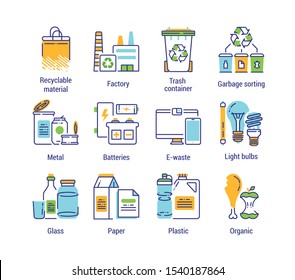 Recycling color line icons set. Garbage sorting. Zero waste lifestyle. Eco friendly. Sign for web page, app. UI/UX/GUI design element. Editable stroke.