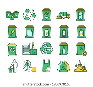 Recycling Color Line Icons Set. Garbage Sorting. Zero Waste Lifestyle. Pictograms For Web Page, Mobile App, Promo.