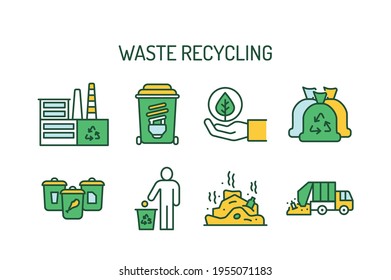 Recycling color line icons set. Garbage sorting. Zero waste lifestyle. Pictograms for web page, mobile app, promo.