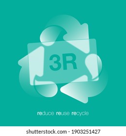 Recycling concept with 3R text, reduce, reuse, recycle. Illustration with a recycle icon. Frosted glass icons designed. Vector illustration