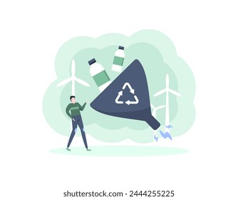 concepto de reciclaje. convertir residuos plásticos en energía. un hombre procesa residuos de botellas plásticas para crear una nueva fuente de energía. gestión de residuos. cuidado del medio ambiente. ilustración diseño del concepto. gráfico 