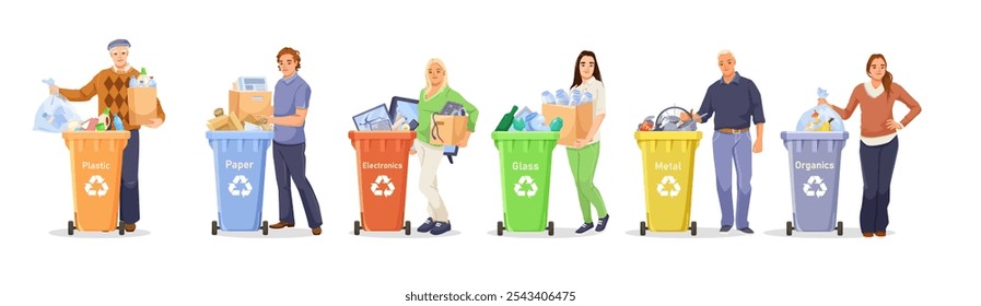 Recycling concept with diverse people and waste bins for different materials. Vector illustration