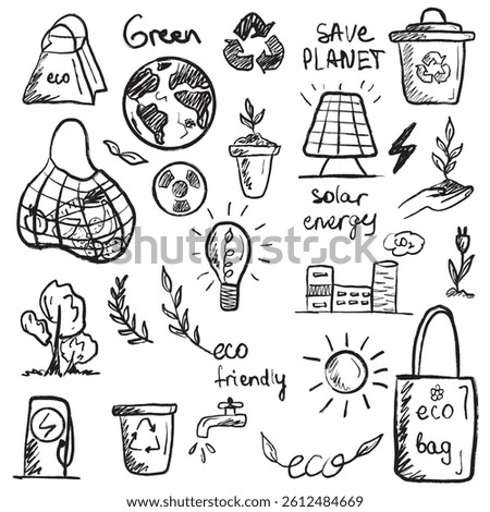 Recycling concept, ecology friendly. Save planet set of icons in black brush stroke texture isolated on white. Hand drawn vector sketch illustration in vintage charcoal ink. Zero waste, solar energy