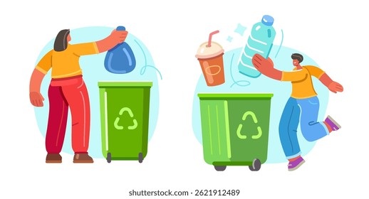 Recycling concept. Human throws garbage bag, plastic waste into trash container. Protecting and caring about environment
