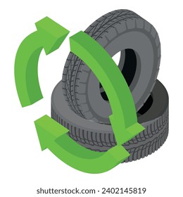 Recycling concept icon isometric vector. Old worn car tire and recycling sign. Environmental protection, reuse