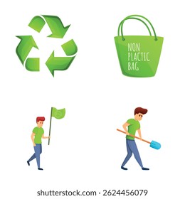 Recycling concept icons set cartoon vector. Man, recycling sign and plastic bag. Ecology, environmental protection
