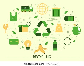 Recycling concept. Idea of ecology and garbage recycle. Environment protection. Sorting paper, plastic and bin for reuse. Set of colorful icons. Isolated flat vector illustration