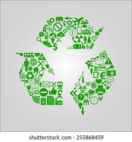 Recycling concept illustration - various media, technology, environment and industrial icons shaped into a recycle symbol.