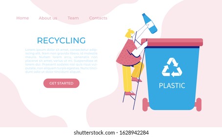 Recycling concept. Man put plastic bottle to a trash can. Vector illustration. 