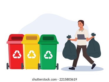 Recycling Concept. A Man Take Trash Bags, Garbage Bag. Take Out Trash. Clean Up. Vector Illustration.

