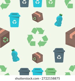 Concepto de reciclaje sin patrón con contenedores, botella de plástico y símbolos de reciclaje. Fondo de diseño plano de Vector para economía circular, educación sobre gestión de residuos y reducir los proyectos de reciclaje de reutilización.