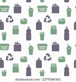 Recycling concept seamless pattern with food and drink packaging silhouette icons in green and purple colors. Sustainable lifestyle, save planet. Reduce, refuse, recycle. Vector illustration