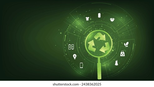 Recycling concept. Recycling symbol and icon different garbage on a dark green background.