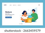 Recycling concept vector illustration shows two smiling people collaborating on waste reduction. Features a recycling box and laptop, emphasizing eco-friendly actions and teamwork.