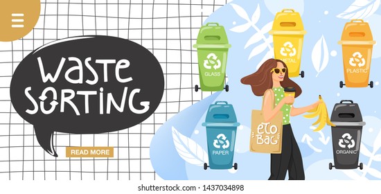 Recycling concept. Woman sorting garbage into containers for recycling. Website landing page design template. Stylish typography slogan design "waste sorting" sign. Vector.