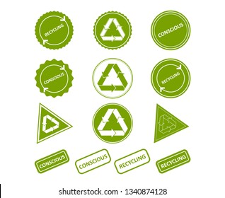Recycling. Conscious consumption. Set of stamps, stickers for recycled products, price tags, web sites, shop. Vector illustration