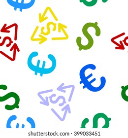 Recycling Cost vector repeatable pattern with dollar and euro currency symbols. Style is flat colored icons on a white background.