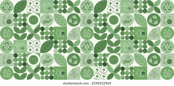 Recycling day. concept for world environment and sustainable development, recycling symbols, bins, plastic bottles, and carbon emission reduction. Illustrated with a green pattern natural shapes.
