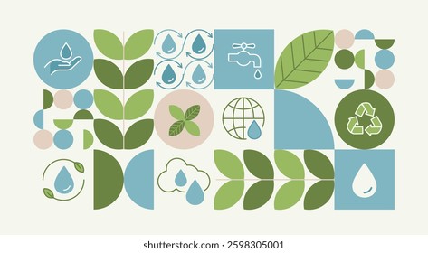 Recycling day. concept for world environment and sustainable development, recycling symbols, bins, plastic bottles, and carbon emission reduction. Illustrated with a green pattern natural shapes.