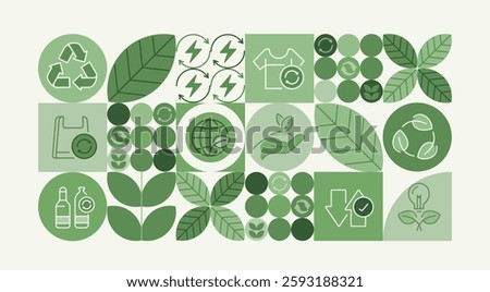 Recycling day. concept for world environment and sustainable development, recycling symbols, bins, plastic bottles, and carbon emission reduction. Illustrated with a green pattern natural shapes.