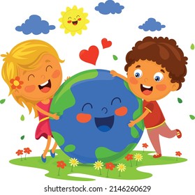 RECYCLING DAY HAPPY CHILDREN PLAYING WITH PLANET EARTH ON A BACKGROUND OF FLOWERS AND CLOUDS