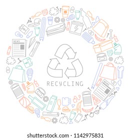 Recycling diagram with trash and lettering. Linear style vector illustration
