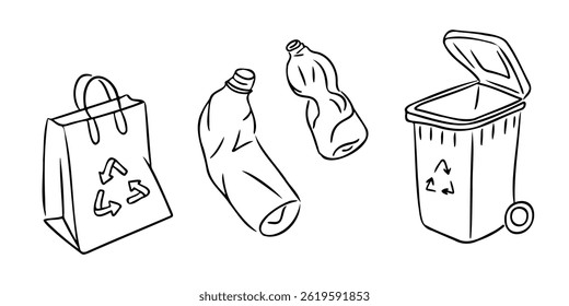 Recycling doodles with eco bag, plastic bottles and trash bin outlined on white background. Eco friendly hand drawn vector for sustainability projects, waste management and green lifestyle promotion