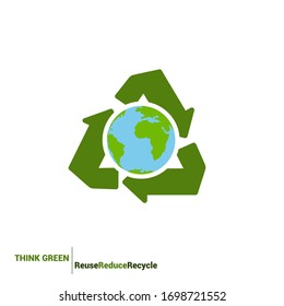 Recycling drawing. Planet with recycle arrows.