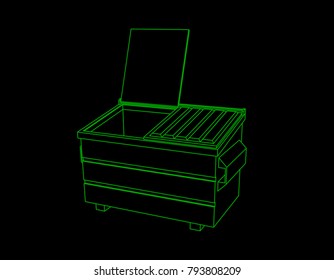 Recycling dumpster. Isolated on black background. Vector outline illustration. 