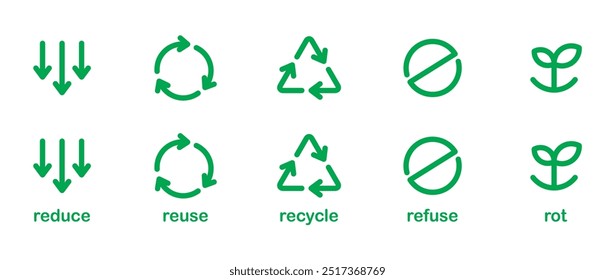 Conjunto de iconos eco de reciclaje. Icono verde de Reducir, reutilizar, reciclar, rechazar y descomponer. Conjunto de iconos de flecha de ciclo de reciclaje. Recicla la Ilustración vectorial ecológica sobre fondo transparente. Icono plano. Eps10.