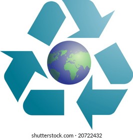 Recycling eco symbol illustration of three pointing arrows with world globe map