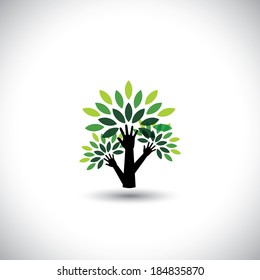 recycling, eco tree hand with leaves, helping nature - concept vector. The graphic also represents nature conservation, preserving ecological balance, sustainable living, biosphere protection