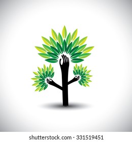 recycling, eco tree hand with leaves, helping nature - concept vector. The graphic also represents expansion, widening, expanding, increase, multiply, magnification