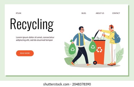 Recycling ecological action website banner template, flat cartoon vector illustration. Web banner with people bringing waste for sorting and recycling.