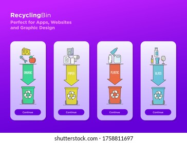 Reciclaje del concepto ecológico con cuatro papeleras coloreadas que ilustran los tipos de clasificación: orgánica, papel, plástico, basura de vidrio. Interfaz de usuario móvil. Ilustración moderna del vector de línea delgada plana.