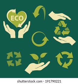 recycling ecological symbols isolated on dark green background. vector illustration 