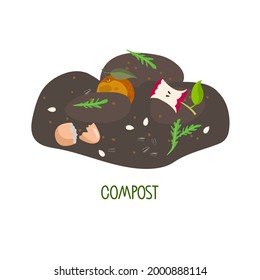 Recycling, ecology and agriculture illustration. Compost from fruits, vegetable scraps, greens, shells in ground. No Food waste. Environmentally responsible behavior. Garbage sorting