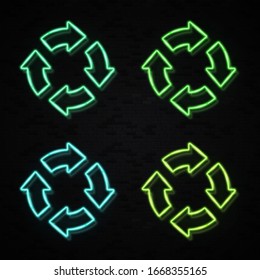 Recycling ecology icon set in neon style on black brick wall background. Glowing green eco sign concept. 4 arrows in circle recycle symbol. Organic natural design element. Bright vector illustration.