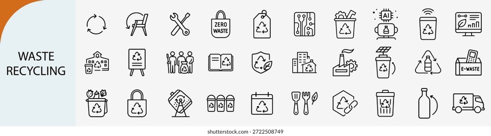 “Conjunto de iconos lineales de reciclaje de residuos y ecología, Vector de sostenibilidad ambiental”