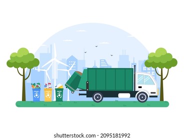 Recycling Ecology Process Flat Illustration Background With Organic Waste, Paper Or Plastic Picked Up On A Truck And Brought To Burn