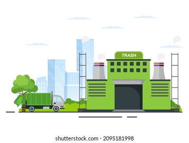Recycling-Ökologie-Verfahren Flache Illustration Hintergrund mit organischen Abfällen, Papier oder Kunststoff auf einem Lkw aufgefangen und zum Verbrennen gebracht