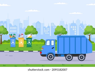 Recycling Ecology Process Flat Illustration Background with Organic Waste, Paper or Plastic Picked up on a Truck and Brought to Burn