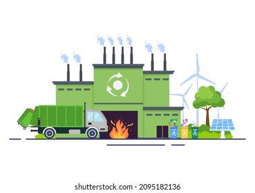 Recycling Ecology Process Flat Illustration Background with Organic Waste, Paper or Plastic Picked up on a Truck and Brought to Burn
