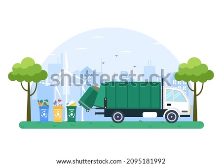 Recycling Ecology Process Flat Illustration Background with Organic Waste, Paper or Plastic Picked up on a Truck and Brought to Burn