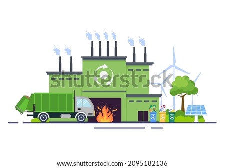 Recycling Ecology Process Flat Illustration Background with Organic Waste, Paper or Plastic Picked up on a Truck and Brought to Burn